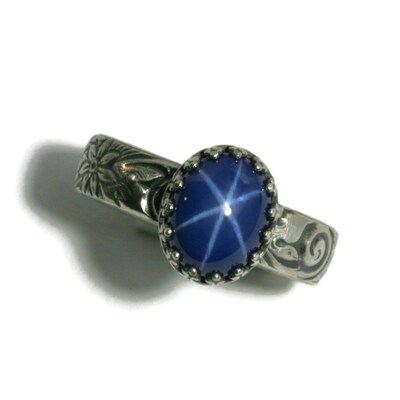Lab Created Blue Star Sapphire 925 Antique Sterling Silver Rose and Daisy Crown Bezel Ring by Salish Sea Inspirations - image1